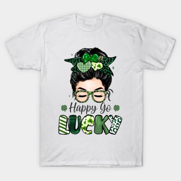Women Happy Go Lucky Messy Bun Shamrock St Patrick's Day T-Shirt by PorcupineTees